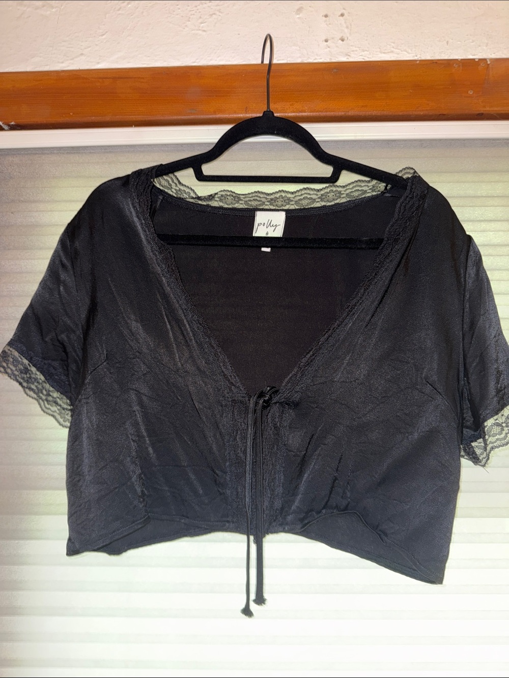 Black Lace-Trim Short Wrap Top